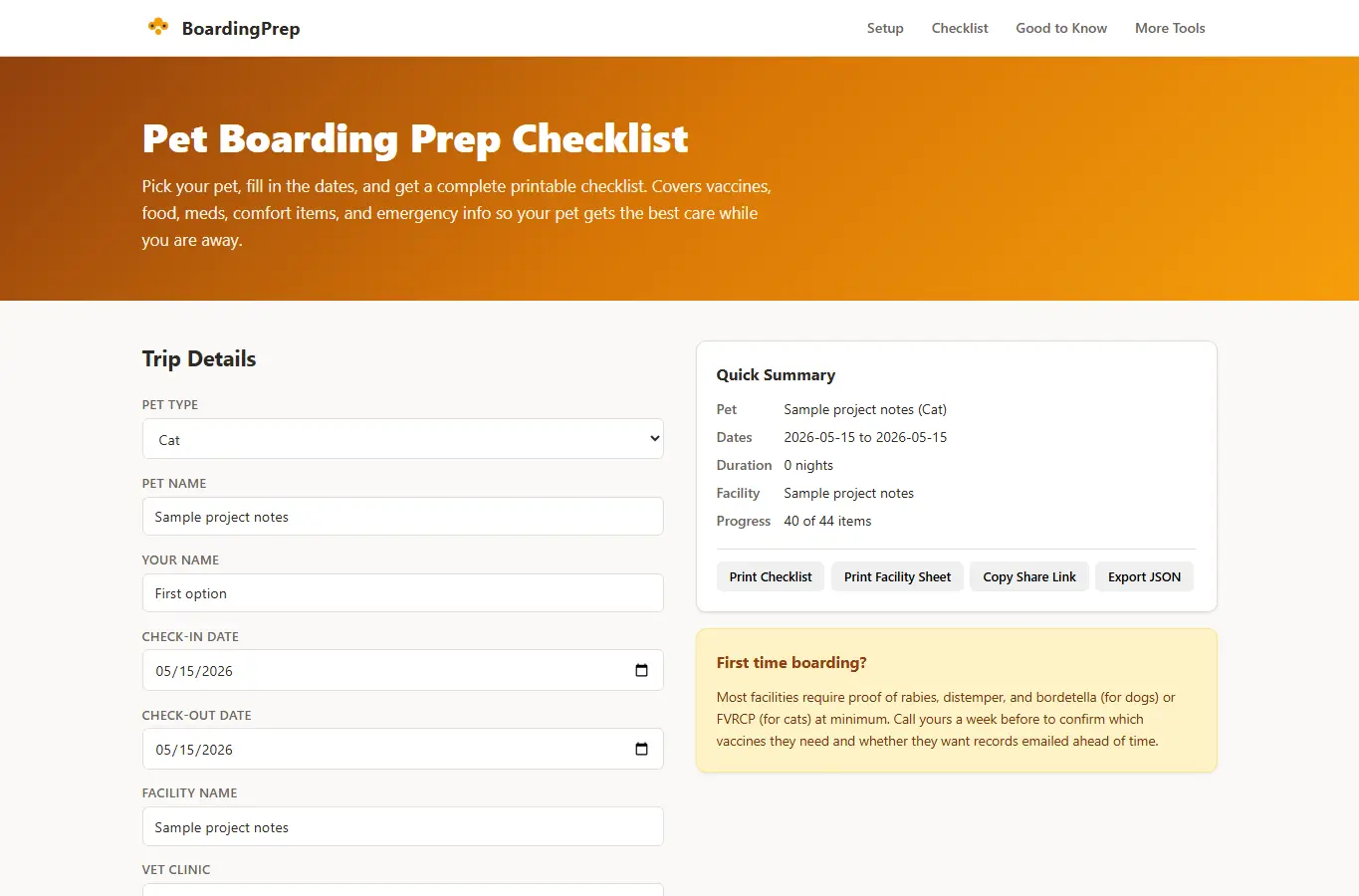 Screenshot of Pet Boarding Prep Checklist interface showing the project page in use